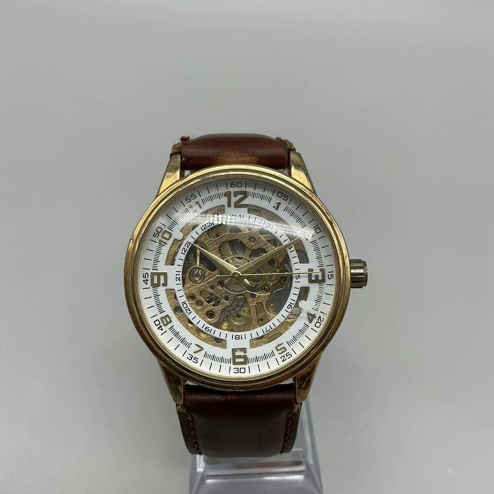 Akribos XXIV Mens Watch 41mm Skeleton Gold Tone Dial Leather Automatic Dress